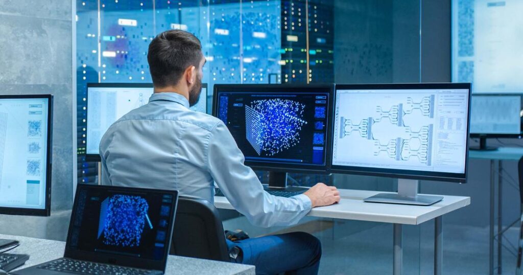 Engineers working with enterprise data systems to embed AI into business workflows, showing how the focus keyword connects technology and operations.