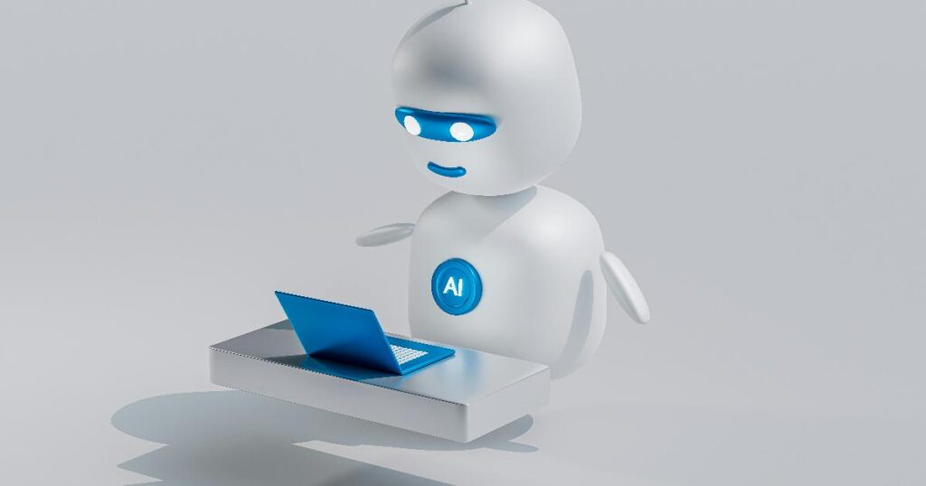 A modern office chatbot on a laptop screen, illustrating AI adoption as the next stage in computing history