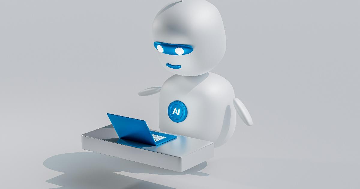 A modern office chatbot on a laptop screen, illustrating AI adoption as the next stage in computing history